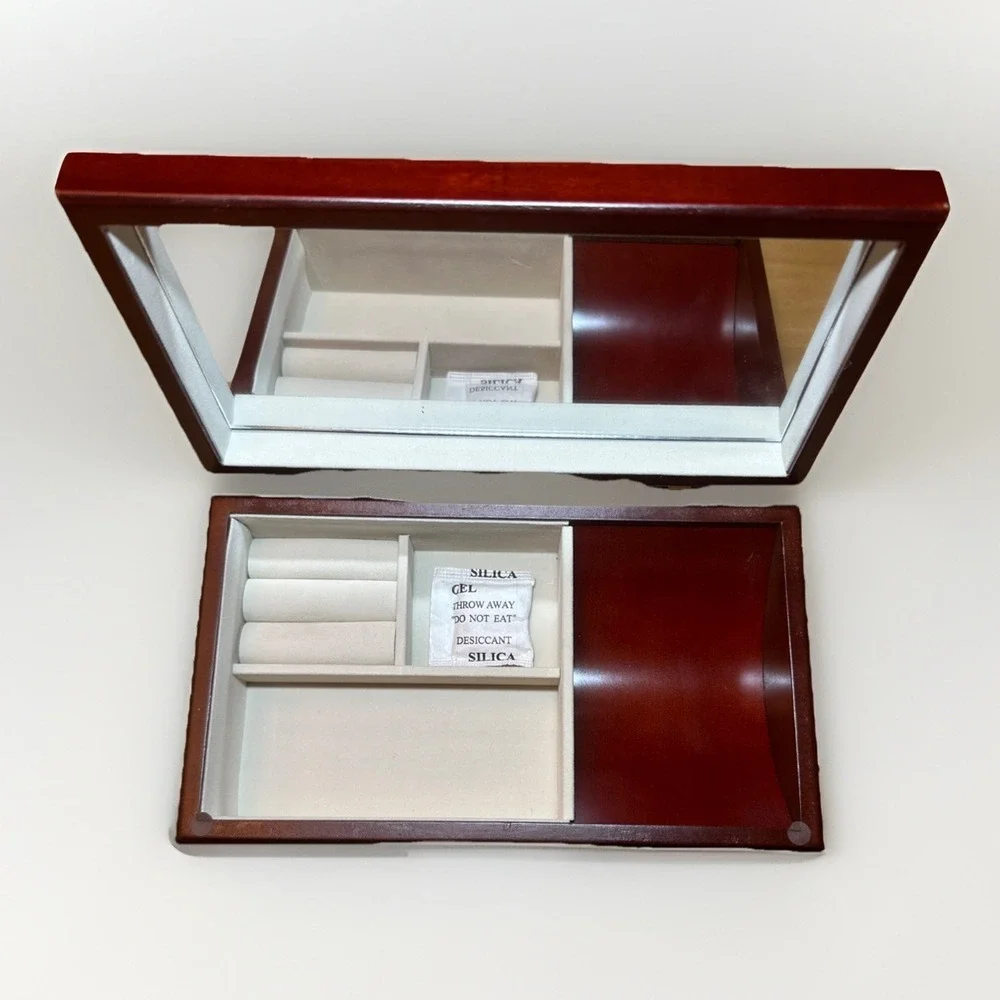 Mahogany Wooden Jewelry Box Floral Marquetry‎ Inlay & Mirror Interior New Roses